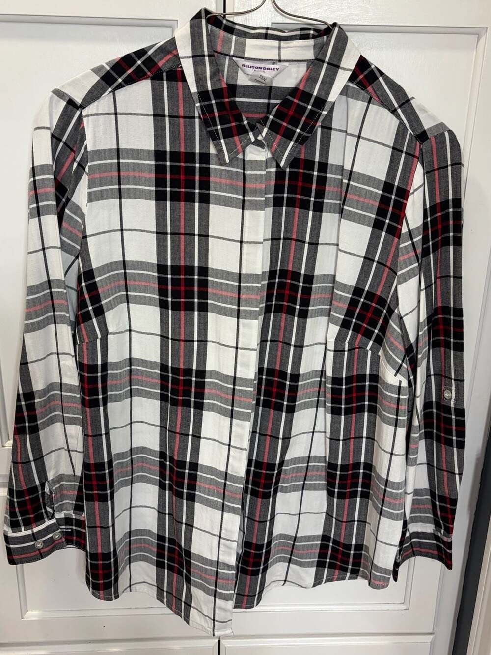 Allison Daley Plus Women's Button-Front Plaid Shirt, Black/White/Red, Size 22W